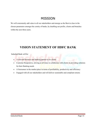 MISSION 
We will consistently add value to all our stakeholders and emerge as the Best in class in the 
chosen parameters amongst the comity of banks, by doubling our profits, clients and branches 
within the next three years. 
VISION STATEMENT OF HDFC BANK 
IndusInd Bank will be: 
· A relevant business and banking partner to its clients 
· Customer Responsive, striving at all times to collaborate with clients in providing solutions 
for their Banking needs 
· A forerunner in the market place in terms of profitability, productivity and efficiency 
· Engaged with all our stakeholders and will deliver sustainable and compliant returns 
IndusInd Bank Page 14 
 