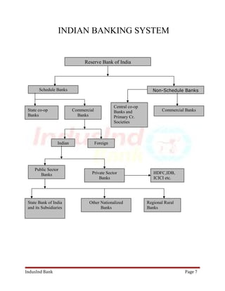 INDIAN BANKING SYSTEM 
Non-Schedule Banks 
Schedule Banks 
State co-op 
Banks 
Reserve Bank of India 
Commercial 
Banks 
Central co-op 
Banks and 
Primary Cr. 
Societies 
Commercial Banks 
Indian Foreign 
Public Sector 
Banks Private Sector 
Banks 
HDFC,IDB, 
ICICI etc. 
State Bank of India 
and its Subsidiaries 
Other Nationalized 
Banks 
Regional Rural 
Banks 
IndusInd Bank Page 7 
 