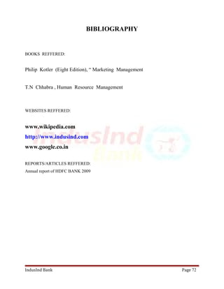BIBLIOGRAPHY 
BOOKS REFFERED: 
Philip Kotler (Eight Edition), “ Marketing Management 
T.N Chhabra , Human Resource Management 
WEBSITES REFFERED: 
www.wikipedia.com 
http://www.indusind.com 
www.google.co.in 
REPORTS/ARTICLES REFFERED: 
Annual report of HDFC BANK 2009 
IndusInd Bank Page 72 
