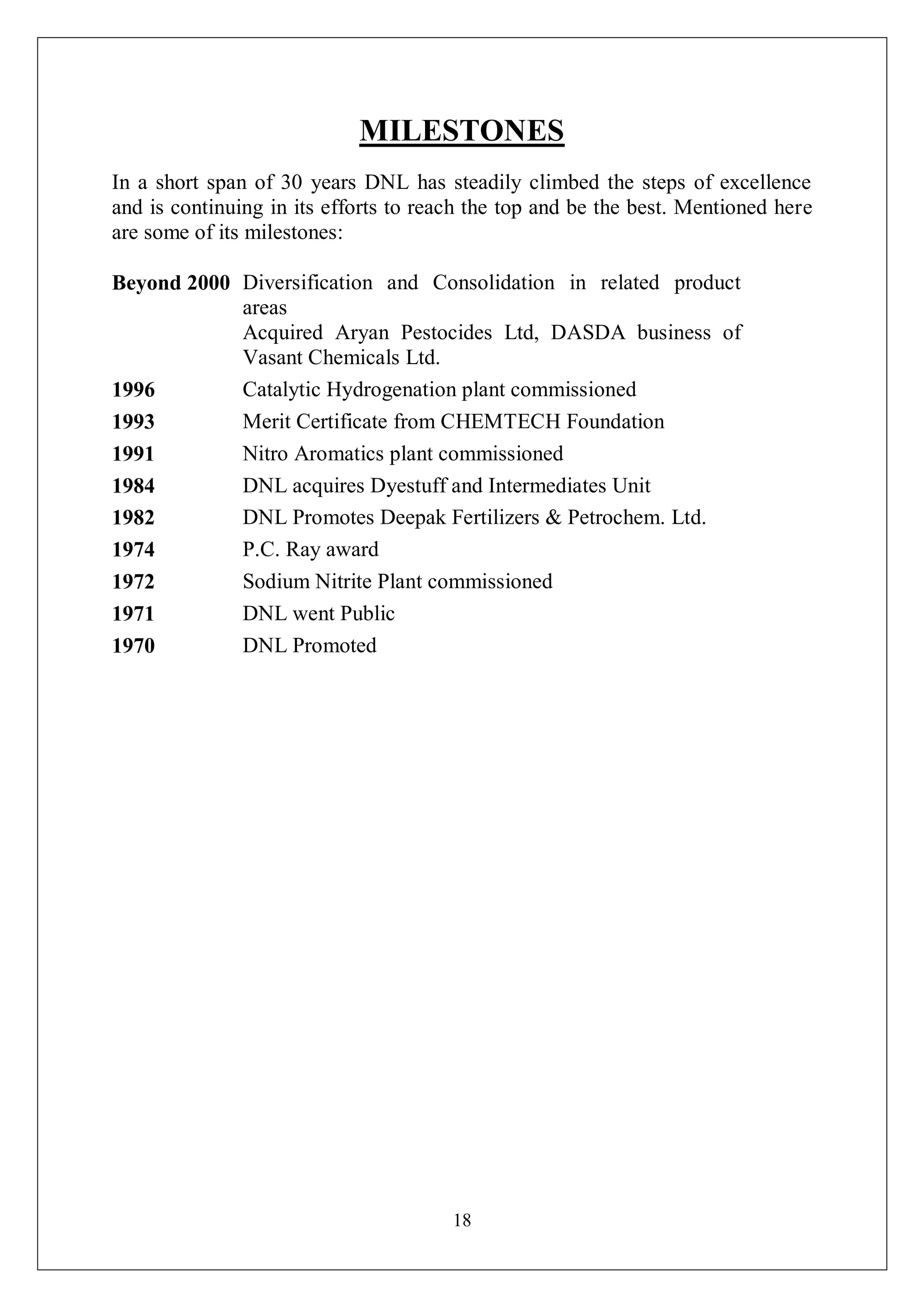 18
MILESTONES
In a short span of 30 years DNL has steadily climbed the steps of excellence
and is continuing in its efforts to reach the top and be the best. Mentioned here
are some of its milestones:
Beyond 2000 Diversification and Consolidation in related product
areas
Acquired Aryan Pestocides Ltd, DASDA business of
Vasant Chemicals Ltd.
1996 Catalytic Hydrogenation plant commissioned
1993 Merit Certificate from CHEMTECH Foundation
1991 Nitro Aromatics plant commissioned
1984 DNL acquires Dyestuff and Intermediates Unit
1982 DNL Promotes Deepak Fertilizers & Petrochem. Ltd.
1974 P.C. Ray award
1972 Sodium Nitrite Plant commissioned
1971 DNL went Public
1970 DNL Promoted
 