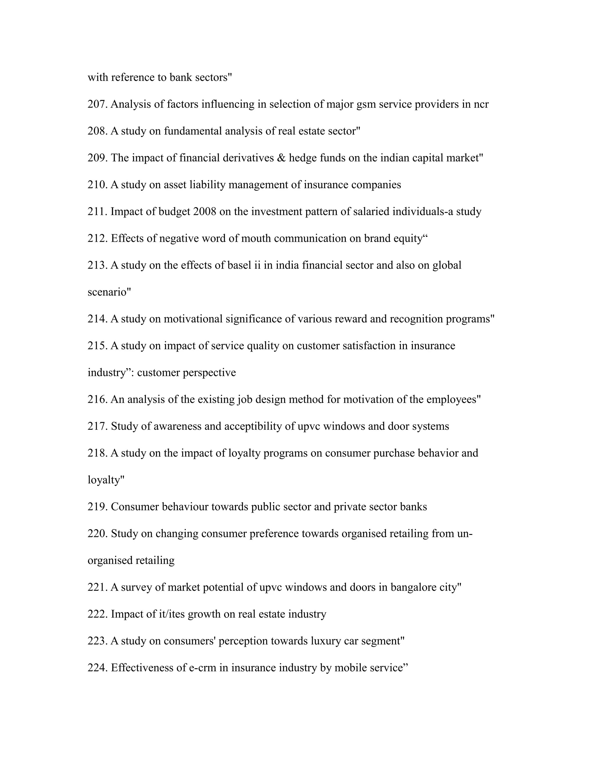 with reference to bank sectors"
207. Analysis of factors influencing in selection of major gsm service providers in ncr
208. A study on fundamental analysis of real estate sector"
209. The impact of financial derivatives & hedge funds on the indian capital market"
210. A study on asset liability management of insurance companies
211. Impact of budget 2008 on the investment pattern of salaried individuals-a study
212. Effects of negative word of mouth communication on brand equity“
213. A study on the effects of basel ii in india financial sector and also on global
scenario"
214. A study on motivational significance of various reward and recognition programs"
215. A study on impact of service quality on customer satisfaction in insurance
industry”: customer perspective
216. An analysis of the existing job design method for motivation of the employees"
217. Study of awareness and acceptibility of upvc windows and door systems
218. A study on the impact of loyalty programs on consumer purchase behavior and
loyalty"
219. Consumer behaviour towards public sector and private sector banks
220. Study on changing consumer preference towards organised retailing from un-
organised retailing
221. A survey of market potential of upvc windows and doors in bangalore city"
222. Impact of it/ites growth on real estate industry
223. A study on consumers' perception towards luxury car segment"
224. Effectiveness of e-crm in insurance industry by mobile service”
 