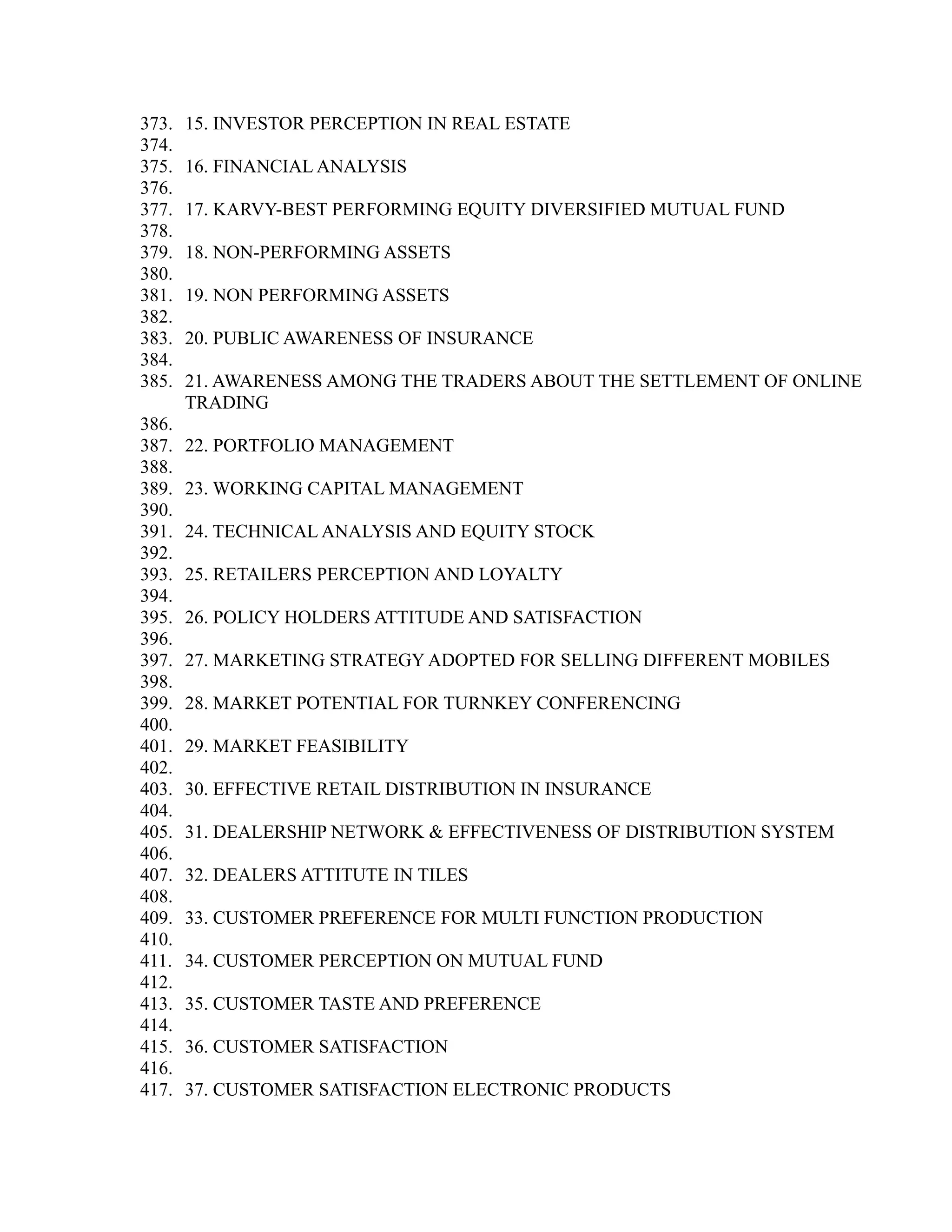 373. 15. INVESTOR PERCEPTION IN REAL ESTATE
374.
375. 16. FINANCIAL ANALYSIS
376.
377. 17. KARVY-BEST PERFORMING EQUITY DIVERSIFIED MUTUAL FUND
378.
379. 18. NON-PERFORMING ASSETS
380.
381. 19. NON PERFORMING ASSETS
382.
383. 20. PUBLIC AWARENESS OF INSURANCE
384.
385. 21. AWARENESS AMONG THE TRADERS ABOUT THE SETTLEMENT OF ONLINE
TRADING
386.
387. 22. PORTFOLIO MANAGEMENT
388.
389. 23. WORKING CAPITAL MANAGEMENT
390.
391. 24. TECHNICAL ANALYSIS AND EQUITY STOCK
392.
393. 25. RETAILERS PERCEPTION AND LOYALTY
394.
395. 26. POLICY HOLDERS ATTITUDE AND SATISFACTION
396.
397. 27. MARKETING STRATEGY ADOPTED FOR SELLING DIFFERENT MOBILES
398.
399. 28. MARKET POTENTIAL FOR TURNKEY CONFERENCING
400.
401. 29. MARKET FEASIBILITY
402.
403. 30. EFFECTIVE RETAIL DISTRIBUTION IN INSURANCE
404.
405. 31. DEALERSHIP NETWORK & EFFECTIVENESS OF DISTRIBUTION SYSTEM
406.
407. 32. DEALERS ATTITUTE IN TILES
408.
409. 33. CUSTOMER PREFERENCE FOR MULTI FUNCTION PRODUCTION
410.
411. 34. CUSTOMER PERCEPTION ON MUTUAL FUND
412.
413. 35. CUSTOMER TASTE AND PREFERENCE
414.
415. 36. CUSTOMER SATISFACTION
416.
417. 37. CUSTOMER SATISFACTION ELECTRONIC PRODUCTS
 
