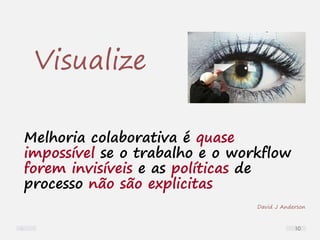 Melhoria colaborativa é quase
impossível se o trabalho e o workflow
forem invisíveis e as políticas de
processo não são explicitas
David J Anderson
Visualize
10
 
