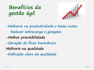 O problema mais comum não é que não chegamos à causa raiz; O problema mais comum é que nós Nem tente
Benefícios da
gestão ágil
-Melhoria na produtividade x baixo custo:
Reduzir sobrecarga e gargalos
-Melhor previsibilidade
-Geração de fluxo harmônico
Melhoria na qualidade
-Definição clara da qualidade
13
 