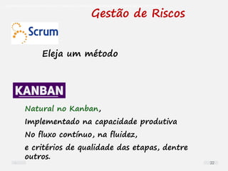 O problema mais comum não é que não chegamos à causa raiz; O problema mais comum é que nós Nem tente
Gestão de Riscos
Eleja um método
Natural no Kanban,
Implementado na capacidade produtiva
No fluxo contínuo, na fluidez,
e critérios de qualidade das etapas, dentre
outros.
22
 