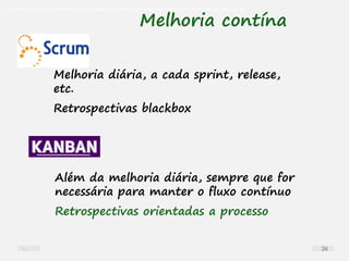 O problema mais comum não é que não chegamos à causa raiz; O problema mais comum é que nós Nem tente
Melhoria contína
Melhoria diária, a cada sprint, release,
etc.
Retrospectivas blackbox
Além da melhoria diária, sempre que for
necessária para manter o fluxo contínuo
Retrospectivas orientadas a processo
26
 