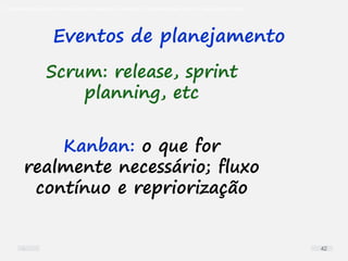 O problema mais comum não é que não chegamos à causa raiz; O problema mais comum é que nós Nem tente
Eventos de planejamento
Scrum: release, sprint
planning, etc
Kanban: o que for
realmente necessário; fluxo
contínuo e repriorização
42
 