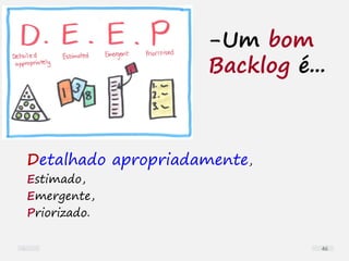 -Um bom
Backlog é...
Detalhado apropriadamente,
Estimado,
Emergente,
Priorizado.
46
 
