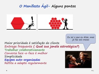 O Manifesto Ágil- Alguns pontos
Maior prioridade é satisfação do cliente
Entrega frequente ( Qual sua janela estratégica?)
Trabalhar colaborativamente
Conversa face-a-face é melhor
Simplicidade
Equipes auto-organizadas
Reflita a adapte regularmente
Eu sei o que eu disse, mas
já faz seis meses
6
 