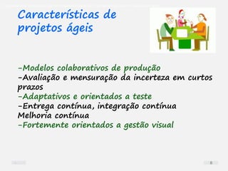 O problema mais comum não é que não chegamos à causa raiz; O problema mais comum é que nós Nem tente
Características de
projetos ágeis
-Modelos colaborativos de produção
-Avaliação e mensuração da incerteza em curtos
prazos
-Adaptativos e orientados a teste
-Entrega contínua, integração contínua
Melhoria contínua
-Fortemente orientados a gestão visual
8
 