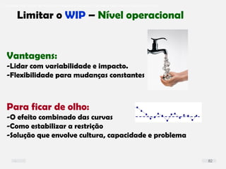 O problema mais comum não é que não chegamos à causa raiz; O problema mais comum é que nós Nem tente
Limitar o WIP – Nível operacional
Vantagens:
-Lidar com variabilidade e impacto.
-Flexibilidade para mudanças constantes
Para ficar de olho:
-O efeito combinado das curvas
-Como estabilizar a restrição
-Solução que envolve cultura, capacidade e problema
82
 