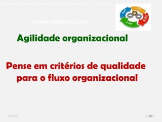 O problema mais comum não é que não chegamos à causa raiz; O problema mais comum é que nós Nem tente
DEFINIR LIMITES PRO CAOS
Agilidade organizacional
Pense em critérios de qualidade
para o fluxo organizacional
87
 