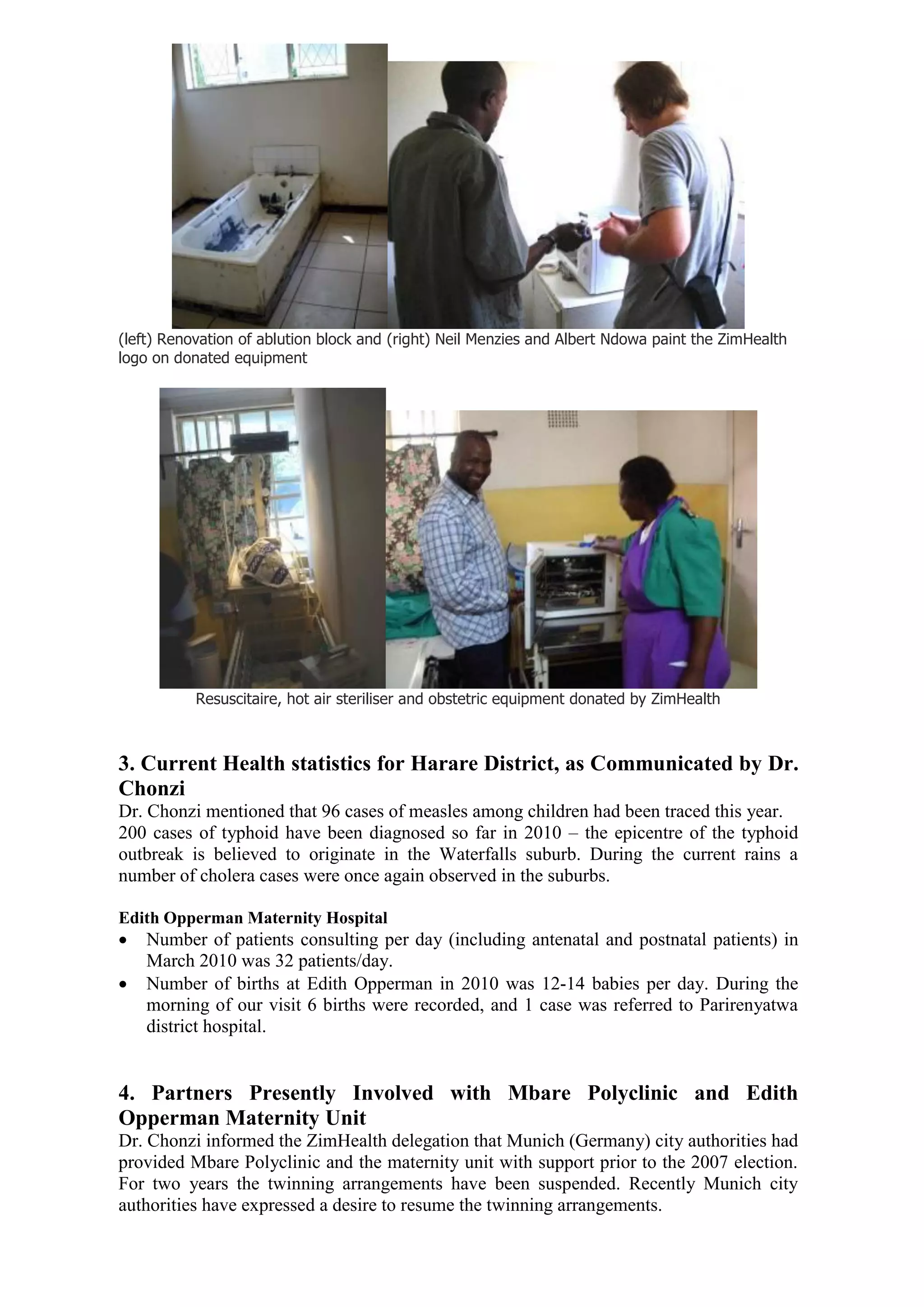 (left) Renovation of ablution block and (right) Neil Menzies and Albert Ndowa paint the ZimHealth
logo on donated equipment




           Resuscitaire, hot air steriliser and obstetric equipment donated by ZimHealth



3. Current Health statistics for Harare District, as Communicated by Dr.
Chonzi
Dr. Chonzi mentioned that 96 cases of measles among children had been traced this year.
200 cases of typhoid have been diagnosed so far in 2010 – the epicentre of the typhoid
outbreak is believed to originate in the Waterfalls suburb. During the current rains a
number of cholera cases were once again observed in the suburbs.

Edith Opperman Maternity Hospital
   Number of patients consulting per day (including antenatal and postnatal patients) in
    March 2010 was 32 patients/day.
   Number of births at Edith Opperman in 2010 was 12-14 babies per day. During the
    morning of our visit 6 births were recorded, and 1 case was referred to Parirenyatwa
    district hospital.


4. Partners Presently Involved with Mbare Polyclinic and Edith
Opperman Maternity Unit
Dr. Chonzi informed the ZimHealth delegation that Munich (Germany) city authorities had
provided Mbare Polyclinic and the maternity unit with support prior to the 2007 election.
For two years the twinning arrangements have been suspended. Recently Munich city
authorities have expressed a desire to resume the twinning arrangements.
 
