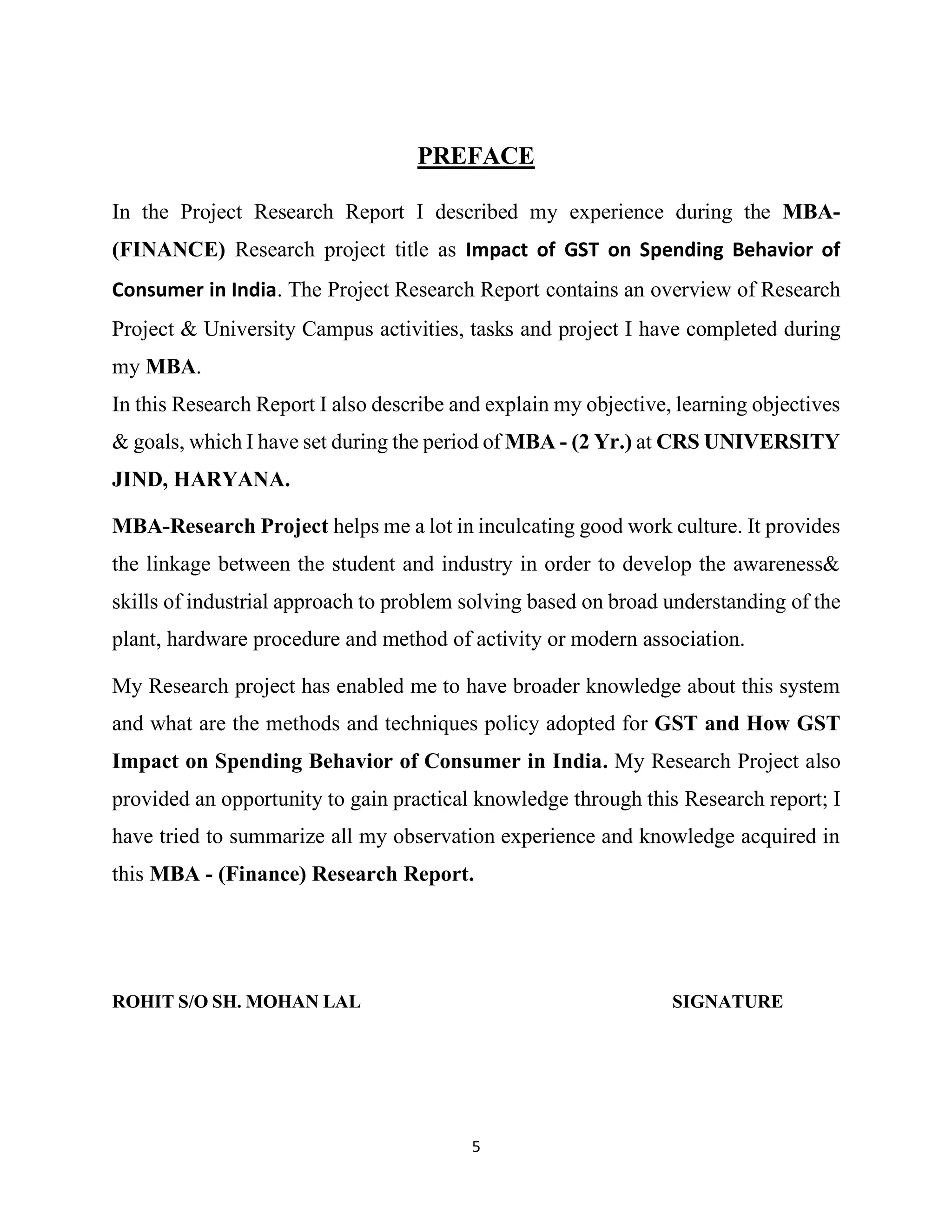 MBA Research Project Report on GST - Title as "Impact of GST on ...