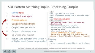 Copyright © 2017, Oracle and/or its affiliates. All rights reserved. |
1. Define input
2. Partition/order input
3. Process pattern
4. using defined conditions
5. Output: rows per match
6. Output: columns per row
7. Go where after match?
8. Return Data at match level (select * …)
or higher levels (based on group bys)
27
select
rule, --get KPIs at rule level
--trx, --uncomment to get KPIs at rule-trx level
KPIs
from INPUT_TABLE_OR_QUERY
match_recognize(
partition by "model", rule, trx order by
rule_mbcomp_seq
measures text_kpi_meas, kpi_meas,
agg_kpi_meas, kpi_partial_meas etc
one row per match
after match skip past last row
pattern (PERMUTE(apli*, bpli*, opli*))
define apli as (mb_comp = 'a_part'), bpli as
(mb_comp = 'b_part'), opli as (mb_comp = 'o_part')
)
group by
rule
--, trx --uncomment to get KPIs at rule-trx level
;
Slide Credit: Customized from Stew Ashton’s Advanced Pattern Matching pptx which was part of Oracle Code Paris 2018
SQL Pattern Matching: Input, Processing, Output
 