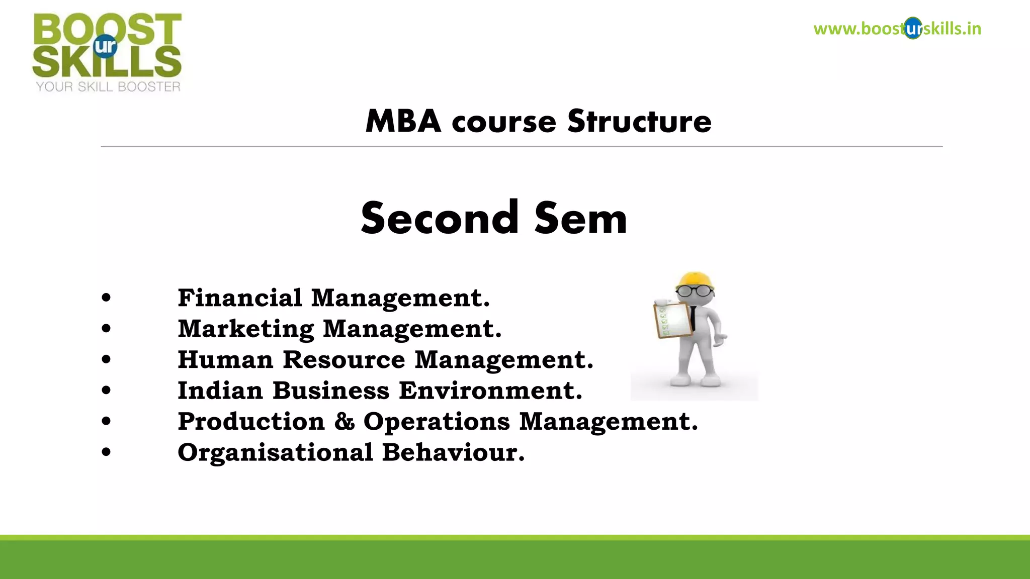 www.boosturskills.in 
MBA course Structure 
•Financial Management. 
•Marketing Management. 
•Human Resource Management. 
•Indian Business Environment. 
•Production & Operations Management. 
•Organisational Behaviour. 
Second Sem  