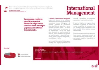 Duración// 10 meses
Modalidad// Presencial
Perfil// Ejecutivos y titulados universitarios que deseen desarrollar su carrera en negocios internacionales.
www.enae.es
11
Las empresas requieren
ejecutivos capaces de
desarrollar negocios con
una clara visión estratégica
y operativa en entornos
transnacionales.
El Máster in International Management
prepara a los alumnos con las habilidades
necesariasparaladirecciónyadministración
de empresas, con una visión global y de
liderazgo, aportando las herramientas
clave para desarrollar la apertura a nuevos
mercados. Queremos formar a los futuros
líderes internacionales, tan necesarios en
las organizaciones de hoy, que tengan
pleno dominio de los conocimientos en la
dirección general, estratégica y operativa,
que sean innovadores y capaces de llevar a
cabo la gestión de empresas más globales y
consolidadas en el tiempo.
La diversidad internacional del programa
se refleja en el origen y experiencia de su
alumnado y profesorado, con contrastada
experiencia en negocios internacionales.
El principal objetivo del programa busca
desarrollar la capacidad de alinear las
ventajas competitivas de la empresa con
una estrategia capaz de adaptarse de una
forma rentable a los distintos entornos
internacionales.
La formación del programa sitúa al alumno
en un contexto internacional, a través de
contenidos bilingües (español-inglés), con
oportunidades de prácticas empresariales en
distintos países.
International
Management
“Destaco la adecuada base teórica recibida y el excelente networking con los profesores y compañeros de
diversos sectores que me han permitido establecer las bases para una mejora continua en estas disciplinas.”
José María Cortijos Corbalán
Director de Producción de Liwe Española, S.A.
Alumnos españoles
Alumnos internacionales
66%
34%
Diversidad
 