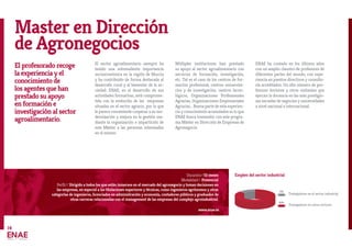 14
El profesorado recoge
la experiencia y el
conocimiento de
los agentes que han
prestado su apoyo
en formación e
investigación al sector
agroalimentario.
El sector agroalimentario siempre ha
tenido una sobresaliente importancia
socioeconómica en la región de Murcia
y ha contribuido de forma destacada al
desarrollo rural y al bienestar de la so-
ciedad. ENAE, en el desarrollo de sus
actividades formativas, está comprome-
tida con la evolución de las empresas
situadas en el sector agrario, por lo que
le parece conveniente cooperar a su mo-
dernización y mejora en la gestión me-
diante la organización e impartición de
este Máster a las personas interesadas
en el mismo.
Múltiples instituciones han prestado
su apoyo al sector agroalimentario con
servicios de formación, investigación,
etc. Tal es el caso de los centros de for-
mación profesional, centros universita-
rios y de investigación, centros tecno-
lógicos, Organizaciones Profesionales
Agrarias, Organizaciones Empresariales
Agrarias... Buena parte de esta experien-
cia y conocimiento acumulados es lo que
ENAE busca transmitir con este progra-
ma Máster en Dirección de Empresas de
Agronegocio.
ENAE ha contado en los últimos años
con un amplio claustro de profesores de
diferentes partes del mundo, con expe-
riencia en puestos directivos y consulto-
ría acreditados. Un alto número de pro-
fesores doctores y otros visitantes que
ejercen la docencia en las más prestigio-
sas escuelas de negocios y universidades
a nivel nacional e internacional.
Master en Dirección
de Agronegocios
www.enae.es
Duración//10 meses
Modalidad// Presencial
Perfil// Dirigido a todos los que están inmersos en el mercado del agronegocio y toman decisiones en
las empresas, en especial a las titulaciones superiores y técnicas, como ingenieros agrónomos y otras
categorías de ingenieros, licenciados en administración y economía, contadores públicos y graduados de
otras carreras relacionadas con el management de las empresas del complejo agroindustrial.
Trabajadores en el sector industrial
Trabajadores en otros sectores
17%
83%
Empleo del sector industrial
 