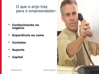 Empreendedorismo Atraindo investidores Prof. Marcos Hashimoto
O que o anjo traz
para o empreendedor:
 Conhecimento no
negócio
 Experiência no ramo
 Contatos
 Suporte
 Capital
 