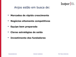 Empreendedorismo Atraindo investidores Prof. Marcos Hashimoto
Anjos estão em busca de:
 Mercados de rápido crescimento
 Negócios altamente competitivos
 Equipe bem preparada
 Claras estratégias de saída
 Investimento dos fundadores
 