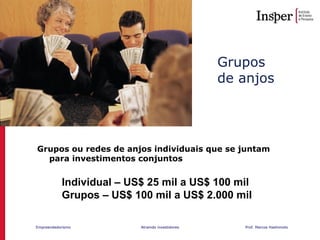 Empreendedorismo Atraindo investidores Prof. Marcos Hashimoto
Grupos
de anjos
Grupos ou redes de anjos individuais que se juntam
para investimentos conjuntos
Individual – US$ 25 mil a US$ 100 mil
Grupos – US$ 100 mil a US$ 2.000 mil
 