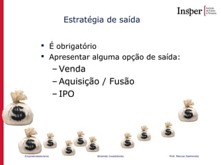 Empreendedorismo Atraindo investidores Prof. Marcos Hashimoto
 É obrigatório
 Apresentar alguma opção de saída:
– Venda
– Aquisição / Fusão
– IPO
Estratégia de saída
 