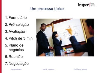 Empreendedorismo Atraindo investidores Prof. Marcos Hashimoto
Um processo típico
1.Formulário
2.Pré-seleção
3.Avaliação
4.Pitch de 3 min
5.Plano de
negócios
6.Reunião
7.Negociação
 