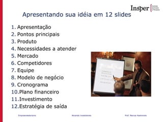 Empreendedorismo Atraindo investidores Prof. Marcos Hashimoto
1. Apresentação
2. Pontos principais
3. Produto
4. Necessidades a atender
5. Mercado
6. Competidores
7. Equipe
8. Modelo de negócio
9. Cronograma
10.Plano financeiro
11.Investimento
12.Estratégia de saída
Apresentando sua idéia em 12 slides
 