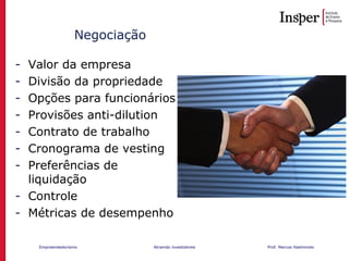 Empreendedorismo Atraindo investidores Prof. Marcos Hashimoto
Negociação
- Valor da empresa
- Divisão da propriedade
- Opções para funcionários
- Provisões anti-dilution
- Contrato de trabalho
- Cronograma de vesting
- Preferências de
liquidação
- Controle
- Métricas de desempenho
 