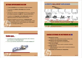21 de 71
ACTUAIS DIFICULDADES NA SCM
O efeito bullwhip que se propaga ao longo da cadeia;
O acumular de stocks e de tempo para camuflar
problemas;
Aplicação de métodos de Previsão da Procura e o domínio
de modelos baseados na QEE (ex. sistemas MRP/DRP);
A ausência de integração e de colaboração entre os
diferentes parceiros da cadeia de fornecimento;
Práticas de gestão que promovem o isolamento das
partes na cadeia, evitando a partilha de informação, a inter-
ajuda e desperdiçando as oportunidades que a abordagem
win-win e a sinergia podem gerar.
22 de 71
Fornecedor doFornecedor do
fornecedorfornecedor
O EFEITOO EFEITO BULLWHIPBULLWHIP EXPLICADOEXPLICADO
Loja aliLoja ali
ao ladoao ladoConfecConfecççãoão
FFáábricabrica
dede
tecidostecidos
FFáábricabrica
de fiode fio
CLIENTECLIENTE
Logo, umaLogo, uma aplificaaplificaççãoão
de 8 vezes mais que ade 8 vezes mais que a
variavariaçção no mercado!ão no mercado!
Muitas empresasMuitas empresas
sofrem disto, a TMCsofrem disto, a TMC
nãonão éé excepexcepçção!ão!
Que sugestões daria para resolver este problema?
Os actuais paradigmas da SCM centram-se na melhoria do desempenho global ou local?
23 de 71
Sabia que…
A resistência da sua cadeia de fornecimento (SC) mede-se
pela resistência do elo mais fraco?
E se a sua empresa (departamento ou função) é esse elo?
24 de 71
CAUSAS EXTERNAS DE DISTURBIOS NA SC
Alteração do volume.
Customers may change ordered quantity or delivery date.
Alteração do mix de serviços e produtos.
Customers may change the mix of ordered items.
Atraso nas entregas.
Late deliveries can force a switch in production schedules.
Entregas parciais.
Partial shipments can cause a switch in production schedule or
quantity produced.
Optimização de recursos (ex. transportes).
 
