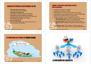 25 de 71
Falhas geradas internamente
(ex. Avarias, problemas de qualidade).
Alterações de Engenharia
to the design of services or products are disruptive.
Introdução de novos produtos ou serviços
disrupt the supply chain and may require a new supply chain.
Promoções de produtos e/ou serviços
may create a demand spike.
Erros de informação
such as demand forecast errors, faulty inventory counts, or
miscommunication with suppliers.
CAUSAS INTERNAS DE DISTURBIOS NA SC
26 de 71
PORQUE É TÃO DIFÍCIL EQUILIBRAR A OFERTA
COM A PROCURA?
Incerteza na procura e na oferta;
Alteração dos pedidos do cliente;
Diminuição do ciclo de vida dos produtos (e serviços);
Fragmentação da propriedade da SC (muitos intervenientes);
Objectivos em conflito dentro da supply chain;
Até mesmo dentro de uma empresa isto acontece…
Marketing/Sales wants: more FGI inventory, fast delivery,
many package types, special wishes/promotions
Production wants: bigger batch size, depots at factory,
latest ship date, decrease changeovers, stable production
plan
Distribution wants: full truckload, low depot costs, low
distribution costs, small # of SKUs, stable distribution plan
27 de 71
O PROBLEMA DA PERDA DE VISÃO GLOBAL
Que sorte o buraco
estar do outro lado…
28 de 71A EVOLUÇÃO DO CONCEITO
 