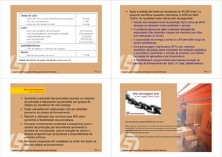 33 de 58 34 de 58
Após a análise de todos os processos do SCOR nível 3 é
possível identificar questões relevantes à SCM da NKD
Cloths. As questões mais criticas são as seguintes:
Devido aos elevados erros de previsão (30%) torna-se difícil
alcançar os elevados níveis qualidade e serviço;
O problema agrava-se dada a elevada utilização da
capacidade (não deixando margem de manobra para lidar
com alterações ou erros);
A capacidade de entrega a tempo e a fill rate estão longe de
serem satisfatórias;
Uma percentagem significativa (27%) dos materiais
recebidos não passa pelos processos de recepção qualitativa
e quantitativa permitindo a entrada de produtos com defeito
na cadeia de operações e de fornecimento;
A flexibilidade é comprometida pela extensa duração do
período de fornecimento em stock (17 dias, tabela anterior).
35 de 58
1. Aumentar a precisão das previsões revendo os métodos
de previsão e efectuando as previsões por grupos de
artigos (ie, beneficiar do risk pooling);
2. Fazer previsões em colaboração com os restantes
parceiros da cadeia de fornecimento;
3. Reduzir a utilização dos recursos para 85% para
aumentar a flexibilidade dos processos;
4. Comprar componentes (materiais e acessórios) para o
cenário de produção por encomenda recorrendo a
acordos de consignação para a redução de stocks e
tempos enquanto que se aumenta a disponibilidade de
produtos críticos;
5. Promover programas de “qualidade na fonte” em todos os
elos da cadeia de fornecimento.
Recomendações
(ex. processo S1)
36 de 58
Este documentoEste documento éé propriedade da CLTpropriedade da CLT ServicesServices
Não poderNão poderáá ser reproduzido e/ou usado sem autorizaser reproduzido e/ou usado sem autorizaçção prão préévia e escrita do seuvia e escrita do seu
proprietproprietáário. Pedidos de informario. Pedidos de informaçção e autorizaão e autorizaçção atravão atravéés do email:s do email:
mgt@cltservices.netmgt@cltservices.net .. Quando usado em trabalhos acadQuando usado em trabalhos acadéémicos devermicos deveráá serser
referenciado do seguinte modo:referenciado do seguinte modo:
PINTO JPO, 2013.PINTO JPO, 2013. Modelo de referência SCOR.Modelo de referência SCOR. ComunidadeComunidade LeanLean ThinkingThinking..
 