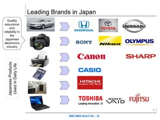 Leading Brands in Japan
   Quality
assurance
     and
reliability in
     the
 Japanese
electronics
  industry
   Japanese Products
    Used in Daily Life




                                                              7

                                      SMU MBA Batch No. - B
 