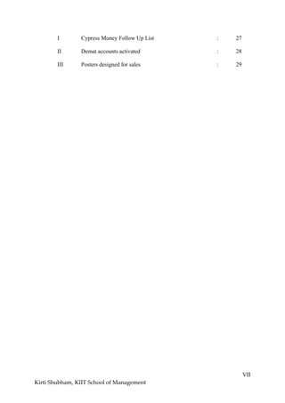 VII
Kirti Shubham, KIIT School of Management
I Cypress Money Follow Up List : 27
II Demat accounts activated : 28
III Posters designed for sales : 29
 