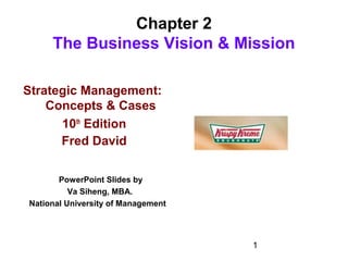 Chapter 2
     The Business Vision & Mission

Strategic Management:
    Concepts & Cases
      10th Edition
      Fred David

       PowerPoint Slides by
          Va Siheng, MBA.
National University of Management




                                    1
 