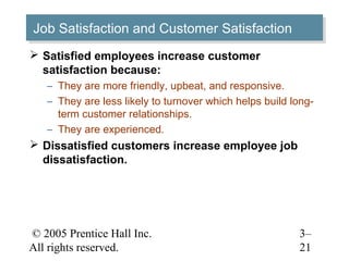 © 2005 Prentice Hall Inc.
All rights reserved.
3–
21
Job Satisfaction and Customer SatisfactionJob Satisfaction and Customer Satisfaction
 Satisfied employees increase customer
satisfaction because:
– They are more friendly, upbeat, and responsive.
– They are less likely to turnover which helps build long-
term customer relationships.
– They are experienced.
 Dissatisfied customers increase employee job
dissatisfaction.
 