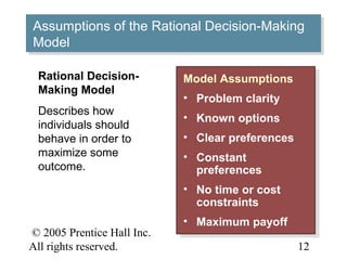 © 2005 Prentice Hall Inc.
All rights reserved.
5–
12
Assumptions of the Rational Decision-Making
Model
Assumptions of the Rational Decision-Making
Model
Model Assumptions
• Problem clarity
• Known options
• Clear preferences
• Constant
preferences
• No time or cost
constraints
• Maximum payoff
Model Assumptions
• Problem clarity
• Known options
• Clear preferences
• Constant
preferences
• No time or cost
constraints
• Maximum payoff
Rational Decision-
Making Model
Describes how
individuals should
behave in order to
maximize some
outcome.
 