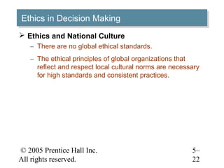 © 2005 Prentice Hall Inc.
All rights reserved.
5–
22
Ethics in Decision MakingEthics in Decision Making
 Ethics and National Culture
– There are no global ethical standards.
– The ethical principles of global organizations that
reflect and respect local cultural norms are necessary
for high standards and consistent practices.
 