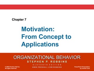 ORGANIZATIONAL BEHAVIORORGANIZATIONAL BEHAVIOR
S T E P H E N P. R O B B I N SS T E P H E N P. R O B B I N S
E L E V E N T H E D I T I O NE L E V E N T H E D I T I O N
W W W . P R E N H A L L . C O M / R O B B I N SW W W . P R E N H A L L . C O M / R O B B I N S© 2005 Prentice Hall Inc.
All rights reserved.
PowerPoint Presentation
by Charlie Cook
Chapter 7
Motivation:
From Concept to
Applications
 