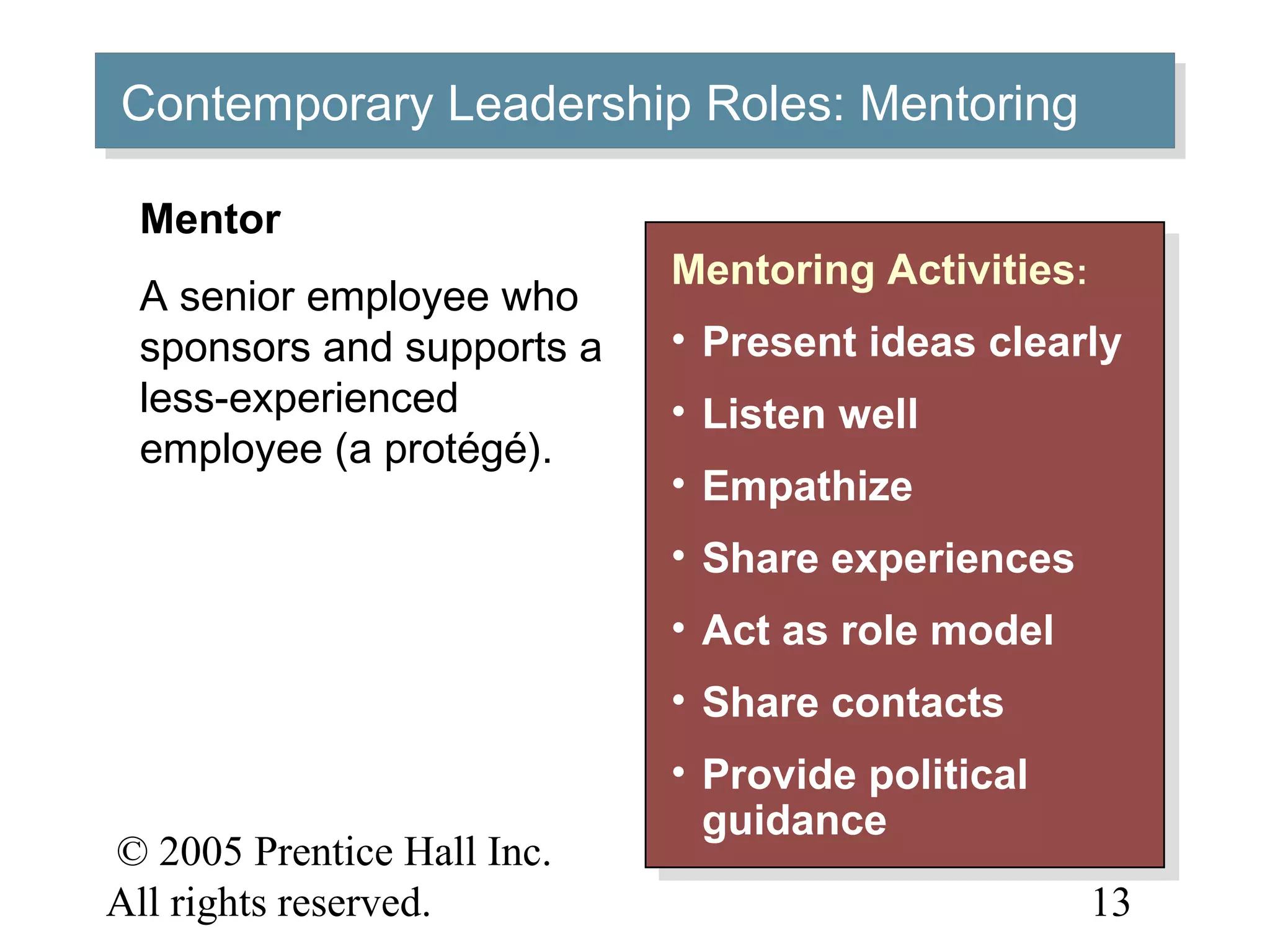 © 2005 Prentice Hall Inc.
All rights reserved.
12–
13
Contemporary Leadership Roles: MentoringContemporary Leadership Roles: Mentoring
Mentoring Activities:
• Present ideas clearly
• Listen well
• Empathize
• Share experiences
• Act as role model
• Share contacts
• Provide political
guidance
Mentoring Activities:
• Present ideas clearly
• Listen well
• Empathize
• Share experiences
• Act as role model
• Share contacts
• Provide political
guidance
Mentor
A senior employee who
sponsors and supports a
less-experienced
employee (a protégé).
 