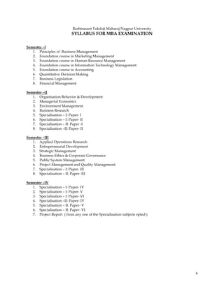 Rashtrasant Tukdoji Maharaj Nagpur University
                           SYLLABUS FOR MBA EXAMINATION


Semester –I
   1. Principles of Business Management
   2. Foundation course in Marketing Management
   3. Foundation course in Human Resource Management
   4. Foundation course in Information Technology Management
   5. Foundation course in Accounting
   6. Quantitative Decision Making
   7. Business Legislation
   8. Financial Management

Semester –II
   1. Organisation Behavior & Development
   2. Managerial Economics
   3. Environment Management
   4. Business Research
   5. Specialisation – I: Paper- I
   6. Specialisation – I: Paper- II
   7. Specialisation – II: Paper -I
   8. Specialisation –II: Paper- II

Semester –III
   1. Applied Operations Research
   2. Entrepreneurial Development
   3. Strategic Management
   4. Business Ethics & Corporate Governance
   5. Public System Management
   6. Project Management and Quality Management
   7. Specialisation – I: Paper- III
   8. Specialisation – II: Paper- III

Semester –IV
   1. Specialisation – I: Paper- IV
   2. Specialisation – I: Paper- V
   3. Specialisation – I: Paper- VI
   4. Specialisation –II: Paper- IV
   5. Specialisation – II: Paper- V
   6. Specialisation – II: Paper- VI
   7. Project Report ( from any one of the Specialisation subjects opted )




                                                                             6
 