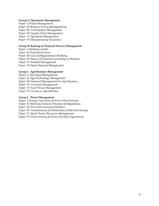 Group G. Operations Management
Paper- I: Project Management
Paper- II: Business Process Reengineering
Paper- III: Total Quality Management
Paper- IV: Supply Chain Management
Paper- V: Operations Management
Paper- VI: Manufacturing Economics

Group H. Banking & Financial Services Management
Paper- I: Banking in India
Paper- II: Financial Services
Paper- III: Laws & Regulations to Banking
Paper- IV: Basics of Financial Accounting for Bankers
Paper- V: Portfolio Management
Paper- VI: Bank Financial Management

Group I. Agri Business Management
Paper- I: Agri-Input Management
Paper- II: Agri-Technology Management
Paper- III: Financial Management for Agri Business
Paper- IV: Livestock Management
Paper- V: Food Process Management
Paper- VI: Trends in Agri Business

Group J. Power Management
Paper- I: Energy Conversion & Power Plant Systems
Paper- II: Electricity Industry Structure & Regulations
Paper- III: Power Environment Interface
Paper- IV: Transmissions & Distribution of Electrical Energy
Paper- V: Hydro Power Resources Management
Paper- VI: Power Pricing & Power Purchase Agreements




                                                               8
 
