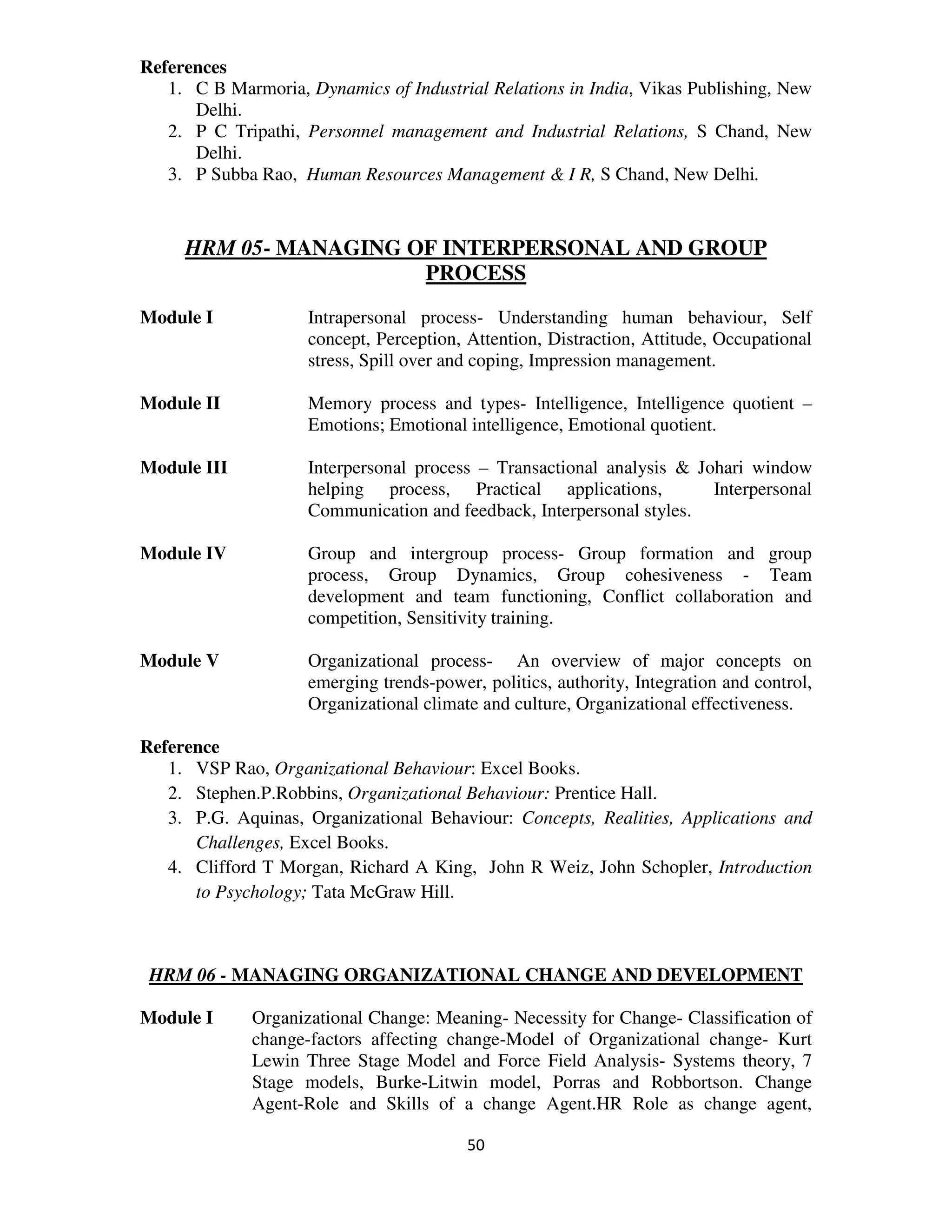 References
   1. C B Marmoria, Dynamics of Industrial Relations in India, Vikas Publishing, New
      Delhi.
   2. P C Tripathi, Personnel management and Industrial Relations, S Chand, New
      Delhi.
   3. P Subba Rao, Human Resources Management & I R, S Chand, New Delhi.



     HRM 05- MANAGING OF INTERPERSONAL AND GROUP
                       PROCESS
Module I            Intrapersonal process- Understanding human behaviour, Self
                    concept, Perception, Attention, Distraction, Attitude, Occupational
                    stress, Spill over and coping, Impression management.

Module II           Memory process and types- Intelligence, Intelligence quotient –
                    Emotions; Emotional intelligence, Emotional quotient.

Module III          Interpersonal process – Transactional analysis & Johari window
                    helping process, Practical applications,           Interpersonal
                    Communication and feedback, Interpersonal styles.

Module IV           Group and intergroup process- Group formation and group
                    process, Group Dynamics, Group cohesiveness - Team
                    development and team functioning, Conflict collaboration and
                    competition, Sensitivity training.

Module V            Organizational process- An overview of major concepts on
                    emerging trends-power, politics, authority, Integration and control,
                    Organizational climate and culture, Organizational effectiveness.

Reference
   1. VSP Rao, Organizational Behaviour: Excel Books.
   2. Stephen.P.Robbins, Organizational Behaviour: Prentice Hall.
   3. P.G. Aquinas, Organizational Behaviour: Concepts, Realities, Applications and
      Challenges, Excel Books.
   4. Clifford T Morgan, Richard A King, John R Weiz, John Schopler, Introduction
      to Psychology; Tata McGraw Hill.



 HRM 06 - MANAGING ORGANIZATIONAL CHANGE AND DEVELOPMENT

Module I     Organizational Change: Meaning- Necessity for Change- Classification of
             change-factors affecting change-Model of Organizational change- Kurt
             Lewin Three Stage Model and Force Field Analysis- Systems theory, 7
             Stage models, Burke-Litwin model, Porras and Robbortson. Change
             Agent-Role and Skills of a change Agent.HR Role as change agent,

                                         50
 