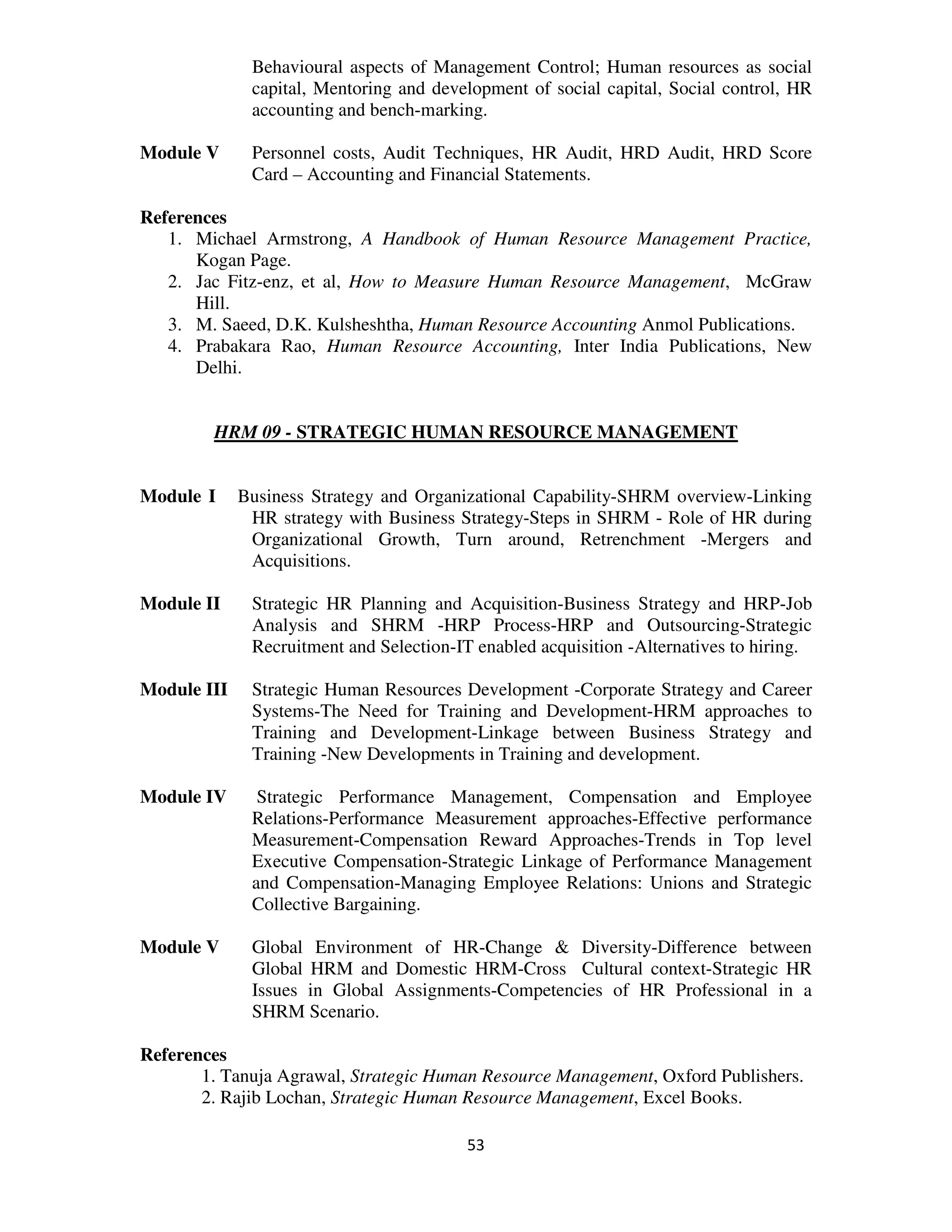 Behavioural aspects of Management Control; Human resources as social
              capital, Mentoring and development of social capital, Social control, HR
              accounting and bench-marking.

Module V      Personnel costs, Audit Techniques, HR Audit, HRD Audit, HRD Score
              Card – Accounting and Financial Statements.

References
   1. Michael Armstrong, A Handbook of Human Resource Management Practice,
      Kogan Page.
   2. Jac Fitz-enz, et al, How to Measure Human Resource Management, McGraw
      Hill.
   3. M. Saeed, D.K. Kulsheshtha, Human Resource Accounting Anmol Publications.
   4. Prabakara Rao, Human Resource Accounting, Inter India Publications, New
      Delhi.


         HRM 09 - STRATEGIC HUMAN RESOURCE MANAGEMENT


Module I     Business Strategy and Organizational Capability-SHRM overview-Linking
              HR strategy with Business Strategy-Steps in SHRM - Role of HR during
              Organizational Growth, Turn around, Retrenchment -Mergers and
              Acquisitions.

Module II     Strategic HR Planning and Acquisition-Business Strategy and HRP-Job
              Analysis and SHRM -HRP Process-HRP and Outsourcing-Strategic
              Recruitment and Selection-IT enabled acquisition -Alternatives to hiring.

Module III    Strategic Human Resources Development -Corporate Strategy and Career
              Systems-The Need for Training and Development-HRM approaches to
              Training and Development-Linkage between Business Strategy and
              Training -New Developments in Training and development.

Module IV      Strategic Performance Management, Compensation and Employee
              Relations-Performance Measurement approaches-Effective performance
              Measurement-Compensation Reward Approaches-Trends in Top level
              Executive Compensation-Strategic Linkage of Performance Management
              and Compensation-Managing Employee Relations: Unions and Strategic
              Collective Bargaining.

Module V      Global Environment of HR-Change & Diversity-Difference between
              Global HRM and Domestic HRM-Cross Cultural context-Strategic HR
              Issues in Global Assignments-Competencies of HR Professional in a
              SHRM Scenario.

References
       1. Tanuja Agrawal, Strategic Human Resource Management, Oxford Publishers.
       2. Rajib Lochan, Strategic Human Resource Management, Excel Books.

                                          53
 
