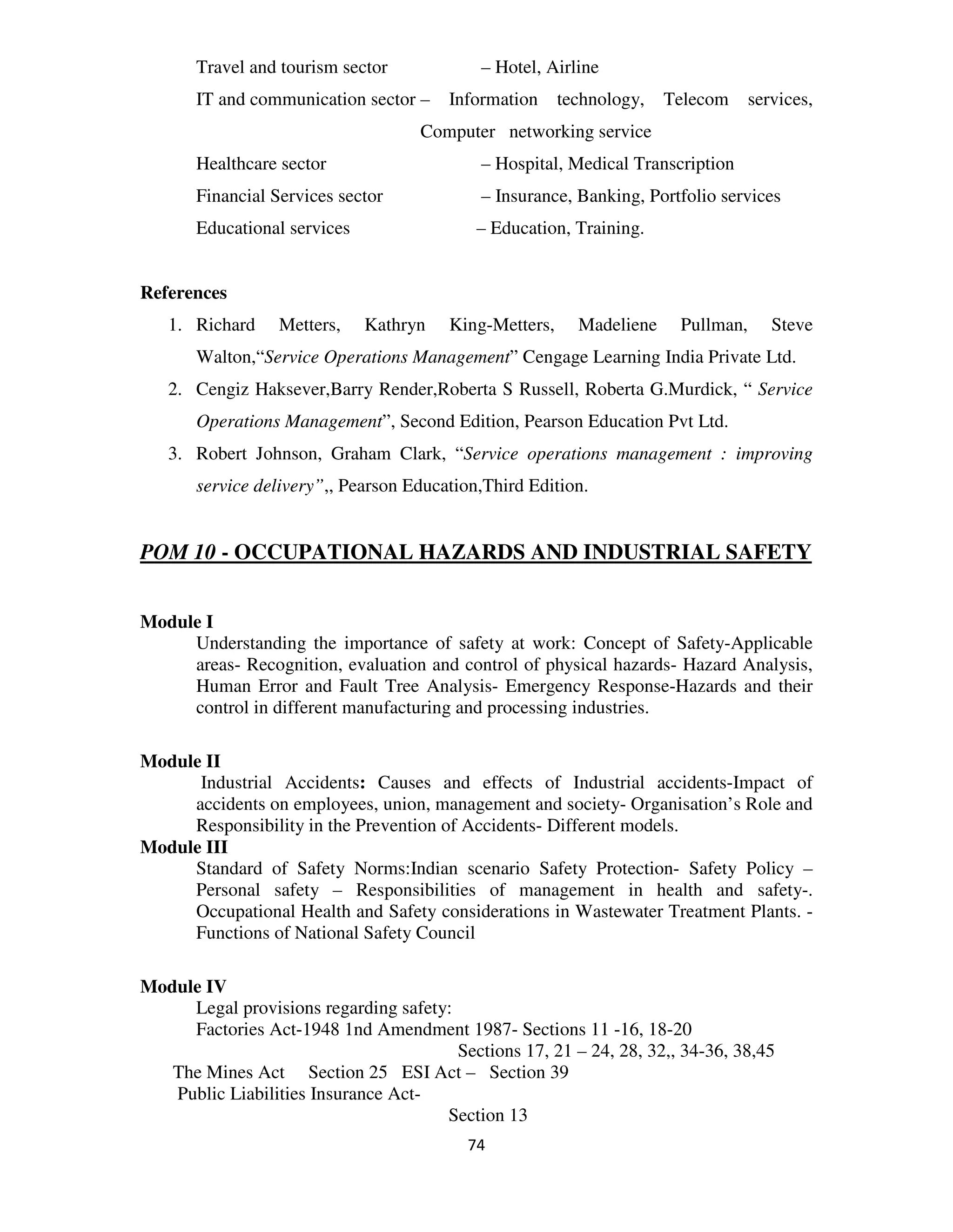 Travel and tourism sector            – Hotel, Airline
       IT and communication sector –    Information     technology,   Telecom     services,
                                    Computer networking service
       Healthcare sector                    – Hospital, Medical Transcription
       Financial Services sector            – Insurance, Banking, Portfolio services
       Educational services                 – Education, Training.


References
   1. Richard     Metters,    Kathryn   King-Metters,     Madeliene    Pullman,      Steve
       Walton,“Service Operations Management” Cengage Learning India Private Ltd.
   2. Cengiz Haksever,Barry Render,Roberta S Russell, Roberta G.Murdick, “ Service
       Operations Management”, Second Edition, Pearson Education Pvt Ltd.
   3. Robert Johnson, Graham Clark, “Service operations management : improving
       service delivery”,, Pearson Education,Third Edition.


POM 10 - OCCUPATIONAL HAZARDS AND INDUSTRIAL SAFETY


Module I
     Understanding the importance of safety at work: Concept of Safety-Applicable
     areas- Recognition, evaluation and control of physical hazards- Hazard Analysis,
     Human Error and Fault Tree Analysis- Emergency Response-Hazards and their
     control in different manufacturing and processing industries.

Module II
      Industrial Accidents: Causes and effects of Industrial accidents-Impact of
     accidents on employees, union, management and society- Organisation’s Role and
     Responsibility in the Prevention of Accidents- Different models.
Module III
     Standard of Safety Norms:Indian scenario Safety Protection- Safety Policy –
     Personal safety – Responsibilities of management in health and safety-.
     Occupational Health and Safety considerations in Wastewater Treatment Plants. -
     Functions of National Safety Council

Module IV
     Legal provisions regarding safety:
     Factories Act-1948 1nd Amendment 1987- Sections 11 -16, 18-20
                                        Sections 17, 21 – 24, 28, 32,, 34-36, 38,45
   The Mines Act Section 25 ESI Act – Section 39
   Public Liabilities Insurance Act-
                                      Section 13
                                          74
 