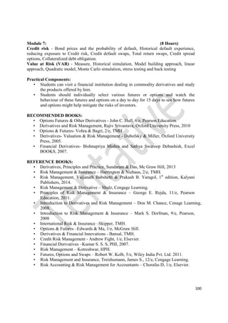 100
Module 7: (8 Hours)
Credit risk - Bond prices and the probability of default, Historical default experience,
reducing exposure to Credit risk, Credit default swaps, Total return swaps, Credit spread
options, Collateralized debt obligation.
Value at Risk (VAR) - Measure, Historical simulation, Model building approach, linear
approach, Quadratic model, Monte Carlo simulation, stress testing and back testing
Practical Components:
• Students can visit a financial institution dealing in commodity derivatives and study
the products offered by him.
• Students should individually select various futures or options and watch the
behaviour of these futures and options on a day to day for 15 days to see how futures
and options might help mitigate the risks of investors.
RECOMMENDED BOOKS:
• Options Futures & Other Derivatives - John C. Hull, 6/e, Pearson Education.
• Derivatives and Risk Management, Rajiv Srivastava, Oxford University Press, 2010
• Options & Futures- Vohra & Bagri, 2/e, TMH
• Derivatives- Valuation & Risk Management - Dubofsky & Miller, Oxford University
Press, 2005.
• Financial Derivatives- Bishnupriya Mishra and Sathya Swaroop Debashish, Excel
BOOKS, 2007.
REFERENCE BOOKS:
• Derivatives, Principles and Practice, Sundaram & Das, Mc Graw Hill, 2013
• Risk Management & Insurance – Harrington & Niehaus, 2/e, TMH.
• Risk Management, Vaijanath Babshetti & Prakash B. Yaragol, 1st
edition, Kalyani
Publishers, 2014.
• Risk Management & Derivative – Shulz, Cengage Learning.
• Principles of Risk Management & Insurance – George E. Rejda, 11/e, Pearson
Education, 2011.
• Introduction to Derivatives and Risk Management – Don M. Chance, Cenage Learning,
2008.
• Introduction to Risk Management & Insurance – Mark S. Dorfman, 9/e, Pearson,
2008
• International Risk & Insurance –Skipper, TMH.
• Options & Futures –Edwards & Ma, 1/e, McGraw Hill.
• Derivatives & Financial Innovations - Bansal, TMH.
• Credit Risk Management - Andrew Fight, 1/e, Elsevier.
• Financial Derivatives –Kumar S. S. S, PHI, 2007.
• Risk Management – Kotreshwar, HPH.
• Futures, Options and Swaps – Robert W. Kolb, 5/e, Wiley India Pvt. Ltd. 2011.
• Risk Management and Insurance, Treishumann, James S., 12/e, Cengage Learning.
• Risk Accounting & Risk Management for Accountants – Chorafas D, 1/e, Elsevier.
 