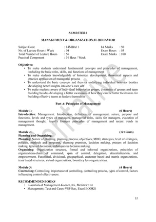 12
SEMESTER I
MANAGEMENT & ORGANIZATIONAL BEHAVIOR
Subject Code : 14MBA11 IA Marks : 50
No. of Lecture Hours / Week : 04 Exam Hours : 03
Total Number of Lecture Hours : 56 Exam Marks : 100
Practical Component : 01 Hour / Week
Objectives:
• To make students understand fundamental concepts and principles of management,
including the basic roles, skills, and functions of management
• To make students knowledgeable of historical development, theoretical aspects and
practice application of managerial process
• To understand the basic concepts and theories underlying individual behavior besides
developing better insights into one’s own self
• To make students aware of Individual behavior in groups, dynamics of groups and team
building besides developing a better awareness of how they can be better facilitators for
building effective teams as leaders themselves
Part A- Principles of Management
Module 1: (6 Hours)
Introduction: Management: Introduction, definition of management, nature, purpose and
functions, levels and types of managers, managerial roles, skills for managers, evolution of
management thought, Fayol’s fourteen principles of management and recent trends in
management.
Module 2: (12 Hours)
Planning and Organizing:
Planning: Nature of planning, planning process, objectives, MBO, strategies, level of strategies,
policies, methods and programs, planning premises, decision making, process of decision
making, types of decisions, techniques in decision making.
Organizing: Organization structure, formal and informal organizations, principles of
organizations-chain of command, span of control, delegation, decentralization, and
empowerment. Functional, divisional, geographical, customer based and matrix organizations,
tram based structures, virtual organizations, boundary less organizations.
Module 3: (4 Hours)
Controlling: Controlling, importance of controlling, controlling process, types of control, factors
influencing control effectiveness.
RECOMMENDED BOOKS
• Essentials of Management-Koontz, 8/e, McGraw Hill
• Management: Text and Cases-VSP Rao, Excel BOOKS
 