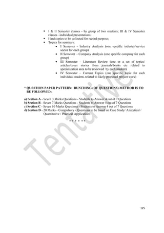 125
I & II Semester classes - by group of two students; III & IV Semester
classes –individual presentations;
Hard copies to be collected for record purpose;
Topics for seminars:
• I Semester - Industry Analysis (one specific industry/service
sector for each group)
• II Semester – Company Analysis (one specific company for each
group)
• III Semester – Literature Review (one or a set of topics/
articles/cover stories from journals/books etc related to
specialization area to be reviewed by each student)
• IV Semester – Current Topics (one specific topic for each
individual student, related to likely/proposed project work)
* QUESTION PAPER PATTERN: BUNCHING (OF QUESTIONS) METHOD IS TO
BE FOLLOWED:
a) Section A - Seven 3 Marks Questions - Students to Answer 4 out of 7 Questions
b) Section B - Seven 7 Marks Questions - Students to Answer 4 out of 7 Questions
c) Section C - Seven 10 Marks Questions - Students to Answer 4 out of 7 Questions
d) Section D - 20 Marks - Compulsory - Questions to be based on Case Study/ Analytical /
Quantitative / Practical Applications
* * * * * *
 