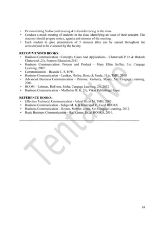 24
• Demonstrating Video conferencing & teleconferencing in the class.
• Conduct a mock meeting of students in the class identifying an issue of their concern. The
students should prepare notice, agenda and minutes of the meeting.
• Each student to give presentation of 5 minutes (this can be spread throughout the
semester)and to be evaluated by the faculty
RECOMMENDED BOOKS:
• Business Communication : Concepts, Cases And Applications – Chaturvedi P. D, & Mukesh
Chaturvedi ,2/e, Pearson Education,2011
• Business Communication: Process and Product – Mary Ellen Guffey, 3/e, Cengage
Learning, 2002.
• Communication – Rayudu C. S, HPH.
• Business Communication – Lesikar, Flatley, Rentz & Pande, 11/e, TMH, 2010
• Advanced Business Communication – Penrose, Rasberry, Myers, 5/e, Cengage Learning,
2004.
• BCOM – Lehman, DuFrene, Sinha, Cengage Learning, 2/e, 2012
• Business Communication – Madhukar R. K, 2/e, Vikas Publishing House.
REFERENCE BOOKS:
• Effective Technical Communication - Ashraf Rizvi M, TMH, 2005.
• Business Communication - Sehgal M. K & Khetrapal V, Excel BOOKS.
• Business Communication – Krizan, Merrier, Jones, 8/e, Cengage Learning, 2012.
• Basic Business Communication – Raj Kumar, Excel BOOKS, 2010.
----------------------------------------------------------------------------------------------------------------
 