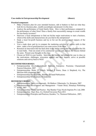 37
Case studies in Entrepreneurship Development (4hours)
Practical component:
• Make a business plan for your intended business, talk to bankers to find out what they
look for in a business plan , modify accordingly and present it in the class
• Analyze the performance of listed family firms. How is their performance compared to
the performance of other firms? Does a family firm successfully manage to create wealth
for non-family investors?
• Interview a local entrepreneur to find out his/her major motivations to start a business,
which of the skills and characteristics do you find in the entrepreneur?
• Study a local for-profit business and try to list out the positive social impacts of the
business
• Visit a trade show and try to compare the marketing activities of various stalls in that
show , make a list of good practices you come across in the show
• Research on innovation that has been done in the Indian setting that has alleviated the life
in rural India. Find out extent of its commercial success and analyze the reasons behind
the same. Present your thoughts in the class
• Choose an NGO in your locality. Interview the founder and present the case in class on
the motivations, challenges, ecosystem support and their impacts, arrive at possible
solutions and convey back to NGO.
RECOMMENDED BOOKS:
• Entrepreneurship Development-Small Business Enterprise- Poornima Charantimath
Pearson Education, 2007
• Entrepreneurship- Rober D Hisrich, Michael P Peters, Dean A Shepherd, 6/e, The
McGraw-Hill companies, 2007
• Entrepreneurship Development , Khanka, S Chand Publications
• Entrepreneurship Development, B Janakiram
REFERENCE BOOKS:
• Entrepreneurship Theory at crossroads - Dr.Mathew J Manimala, 2/e, Biztantra, 2007
• Entrepreneurship Development and Management - Vasant Desai, Himalaya Publishing
House, 2007
• Entrepreneurship-Theory and Practice - Raj Shankar Vijay Nicole Imprints Pvt. Ltd, 2006
• Entrepreneurship - Rajiv Roy, 2/e, Oxford University Press 2011
• Entrepreneurship-Principles and Practices, Kurakto, 7/e, Thomson Publication , 2007,
 